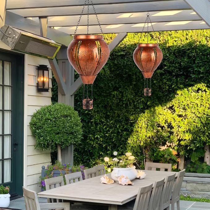Hot Air Balloon Solar Lantern, Dandelion Hollow Out Solar Powered Hot Air Balloon Lantern Outdoor Waterproof, Copper Hanging Hots Airs Balloons Solars Light for Outdoor Patio Garden Decor