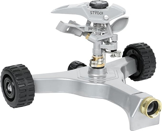 STYDDI Metal Pulsating Sprinkler on in-Series Metal Wheeled Base, Adjustable Circular Water Sprinkler for Medium to Large Circular Lawn, Yard, Garden and Large Areas, Coverage up to 6,360 Sq. ft