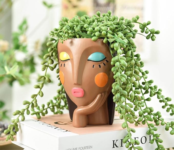 Face Planter Pots for Indoor Plants, Resin Head Planter Succulent Planter Flower Planter Cute Girl Head Pots with Drainage Hole - Painted Thinking Girl Closed Eyes