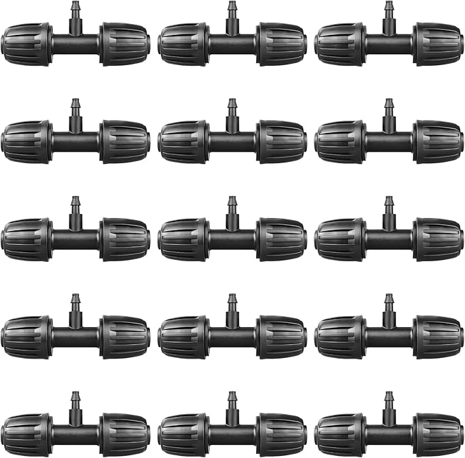 Drip Irrigation Fittings for 1/2 inch Tubing(0.63" OD) to 1/4 inch Irrigation Tubing, 15 Pieces Barbed Tee Drip Parts Twist Locked 3 Way Connectors for Drip Irrigation Hose (13mm ID / 4mm ID)