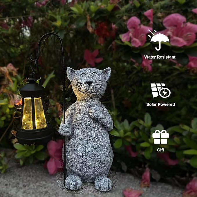 lightsfever Animal Garden Statue with Solar Lantern, Cute for Patio,Balcony,Yard, Lawn, Gift for Grandma, Garden Gifts Women, Outdoor Decor, Gardening Gifts (Gray Cat)