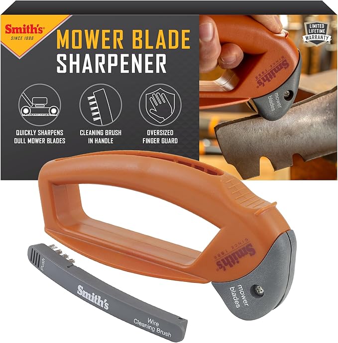 Smith’s 50603 Handheld Lawn Mower Blade Sharpener - Oversized Handle & Large Safety Guard - Durable Plastic - Easy to Use - Wire Cleaning Brush - Preset Carbide Blade - Gardening Lawn Care Tools