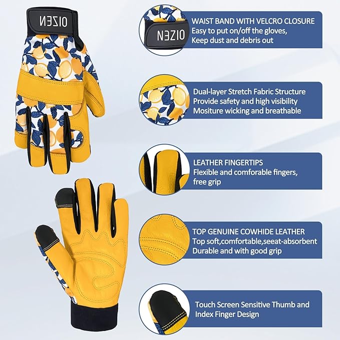 Cowhide Leather Thorn Proof & Puncture Resistant Gardening Gloves for Women and Men, Touchscreen Compatible Working Gloves for Weeding, Digging, Planting, Gardening Gifts for Women, Size Medium