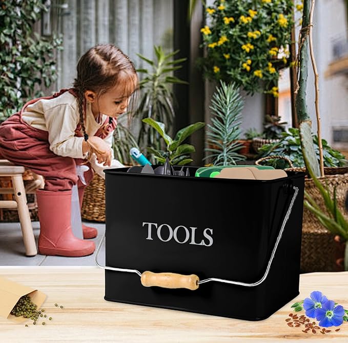 Metal Garden Tool Caddy, 3 Compartments Garden Tool Organizer with Handle, Garden Tool Box for Indoor and Outdoor, Gardening Tool Kit Holder Empty, Gardening Supplies, Gardener Gift (Black)