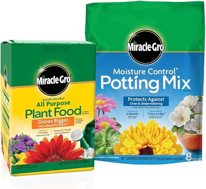 Miracle-Gro Moisture Control Potting Mix and Water Soluble All Purpose Bundle of Soil (8 qt.) and Plant Food (1.5 lb.) for Plants & Flowers Grown in Containers