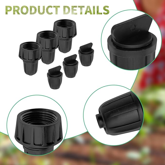 6 Pack Irrigation Tubing Fittings 3 x PVC Female Hose Thread Non-Swivel Adapter to 5/16" tubing 3 x Barbed Threaded End Plugs - Drip Faucet Connector Garden Hose Adapter