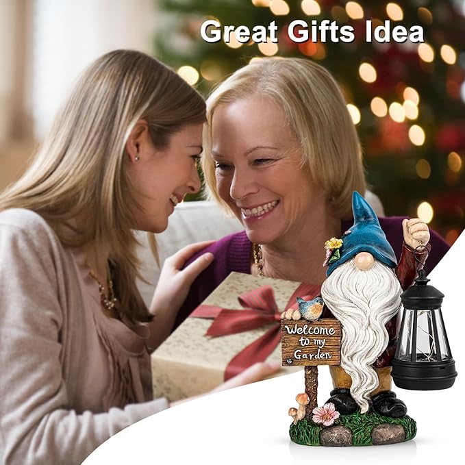 C&Y&G&X Solar Garden Gnome Statue – Waterproof Outdoor Decor with Solar Lantern LED Lights and Welcome Sign for Yard, Lawn, Patio – Ideal Gift for Grandma Mom Women