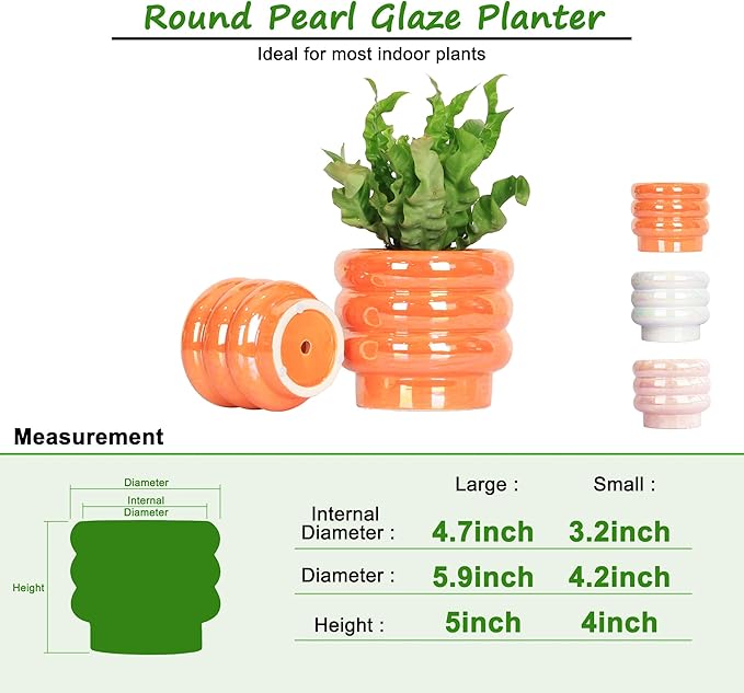 5.7 Inch +4.1 inch 2 pcs Ceramic Plant Pots for Indoor Plants, Rainbow Pearl Glaze Planter with Planters for Plants with Drainage Hole, Orchid Pots, Succulent Pot, Flower Pot (Orange)