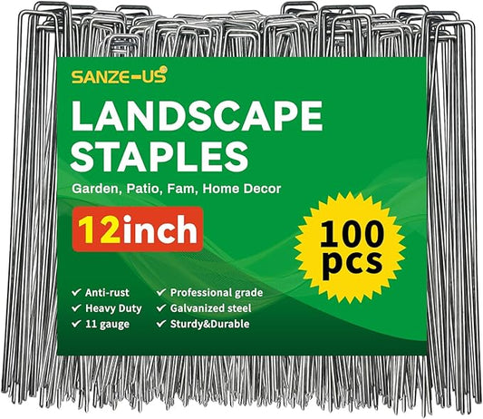 12 Inch Hot-dip Galvanized Landscape Staples, 100 Pack 10 Gauge Garden Stakes, Ground Staples for Securing Weed Fabric Barrier, Garden Hose Stake, Artificial Turf Stakes and Fencing