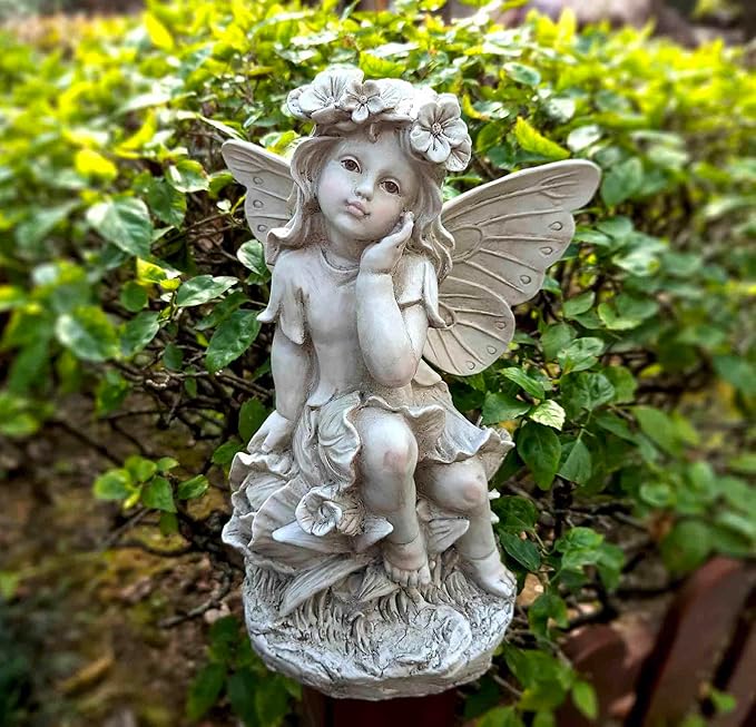MeritMode 12.8" Fairy Garden Outdoor Guardian Angel Statue - Waterproof Resin with Flower Base, Unique for Patio, Balcony & Yard Decor