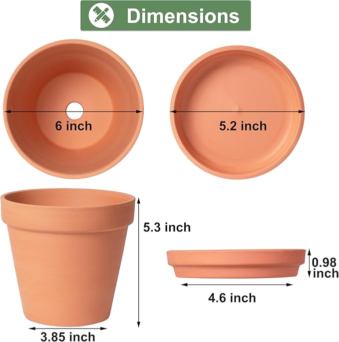 6 inch Clay Pots for Plants with Saucer, Large Terra Cotta Plant Pots with Drainage Hole, Flower Pots with Tray, Terracotta Pots for Indoor Outdoor Plant - Pack of 4 Planters