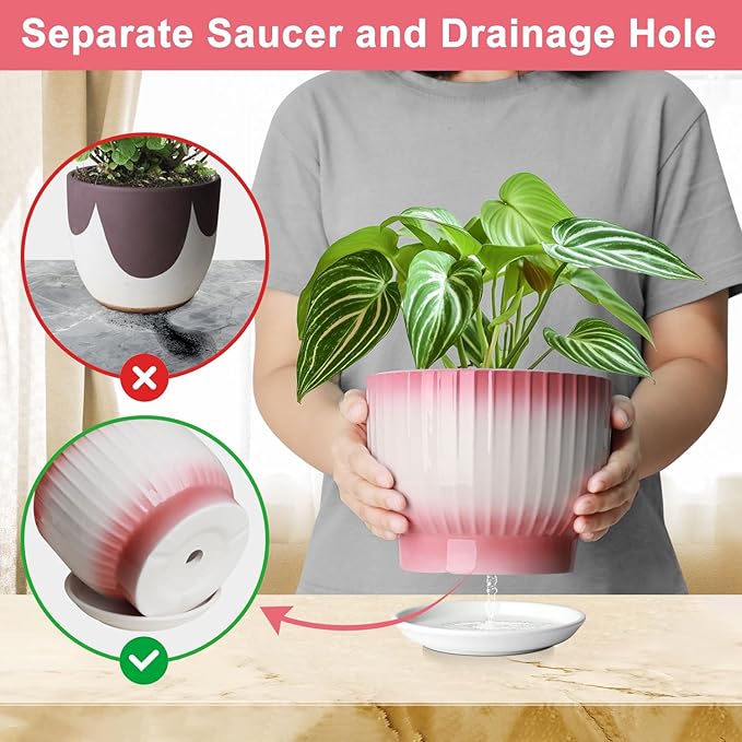 6.7 + 5.5 Inch Plant Pot, Ceramic Planter with Drainage and Saucer, Ceramic Pots for Plants, Indoor Plant pots,Ceramic Flower pots（Pink + White, Plants NOT Included）