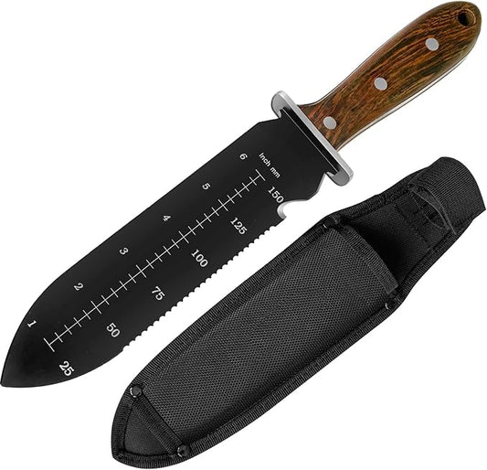 Hori Hori Garden Knife + Oxford Sheath, Gardening Hand Tool Weeding Knife for Weeding Planting Digging, Inch Markings, Serrated Edge Blade, Guard Plate, Metal Rivet Wooden Handle, Hanging Hole