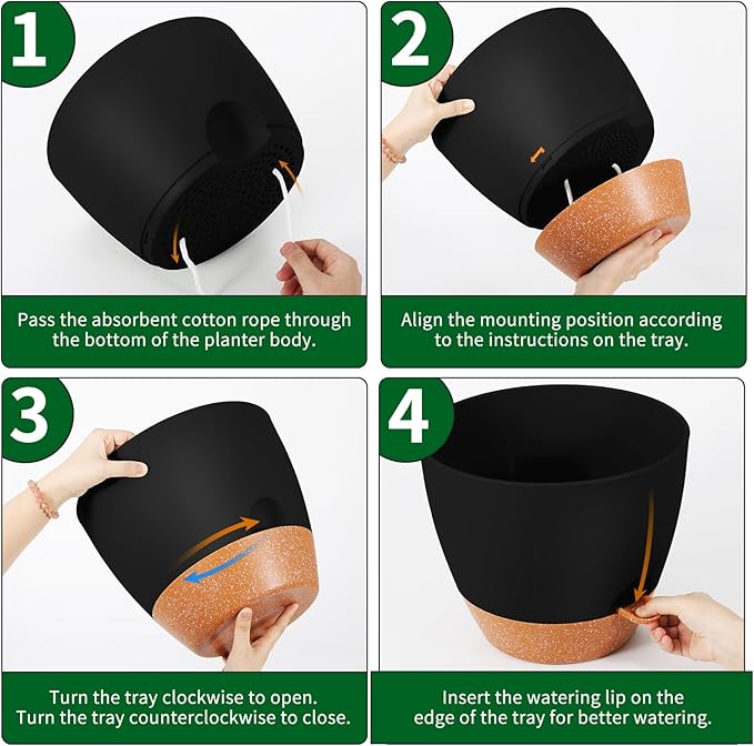 GARDIFE 12 inch planters, Plant Pots,Self Watering Pots, 2 Pack Large Plastic Flower pots with Deep Reservior and High Drainage Holes for Indoor Outdoor Plants and Flowers, Black