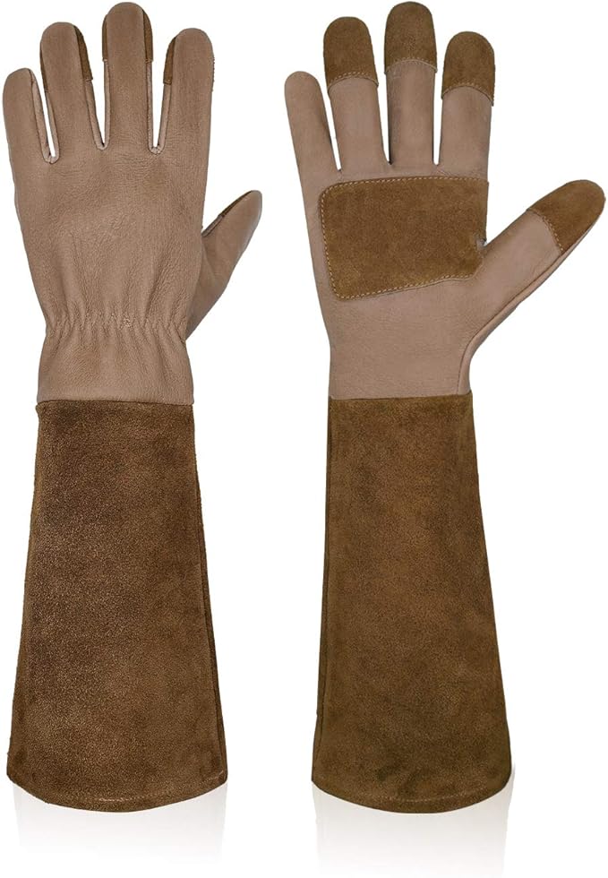 HANDLANDY Long Gardening Gloves for Men & Women, Cowhide Leather Rose Pruning Gloves- Breathable & Durable Gauntlet Gloves (Large, Brown)