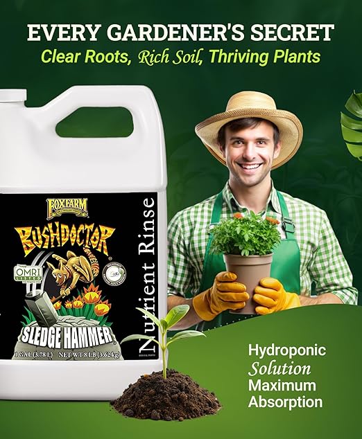 FoxFarm BushDoctor Sledgehammer - Rinse Formula with Yucca Saponin, Clears Fertilizer Buildup, Enhances Root Moisture Absorption - Perfect for Hydroponic and Soil Application (Gallon)