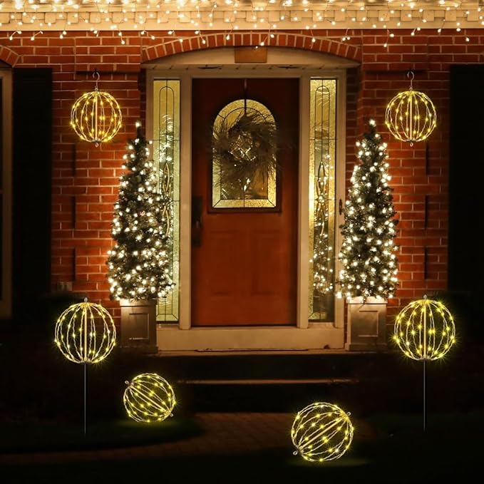LIGHTSHARE 10IN 48LED Light Ball Yard Decoration Pathway Lights Sphere Light with Fold Flat Metal Frame Indoor Outdoor Waterproof Garden Lights, White Frame / Warm White Lights, 10