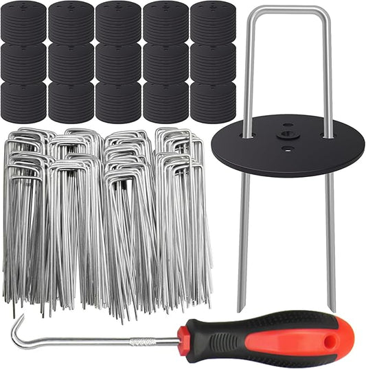 200 PCS Galvanized Landscape Staples 6 Inch, 200 PCS Gaskets and 1 Pick Hook, Heavy Duty Garden Stakes Yard Fabric Pins Artificial Turf Stakes for Weeds Barrier Sod Fabric Decorations Ground Cover