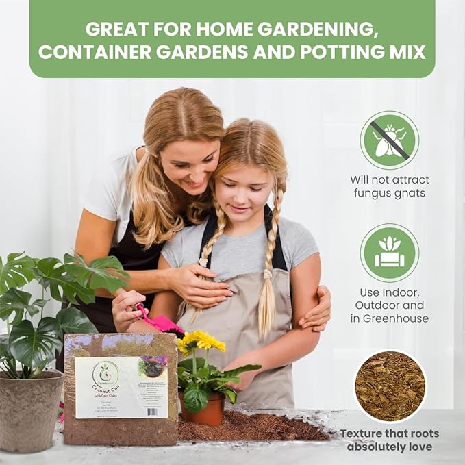 Coco Coir and Chips, Compressed Brick - Approx 9 LB (1.7 cu ft) - for Container Garden and Potting Mix, Coconut Coir with Chunky Chips for Aeration and Stability