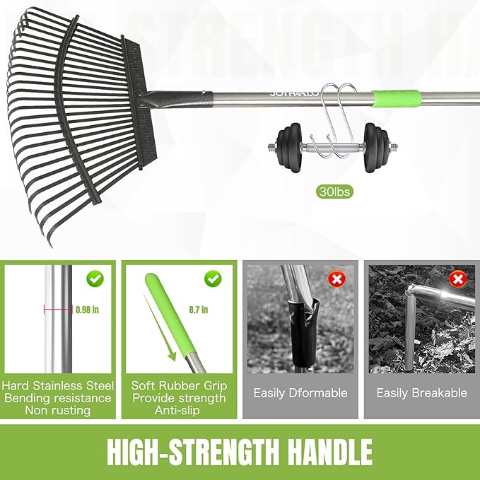 Joyhalo Rake for Leaves Adjustable 65 Inch Long, 18 Inch Wide Garden Rake with 25 Tines, Metal Leaf Rake, Rakes for Lawns, Gathering Leaves, Weeds, Debris