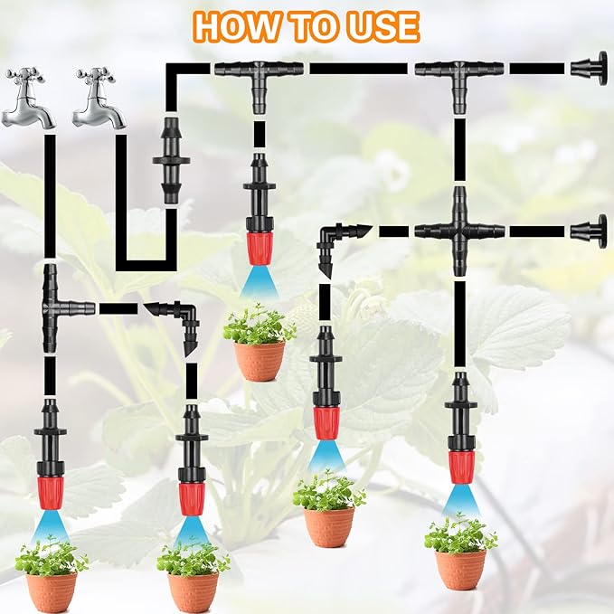 300 Pcs Barbed Connectors Irrigation Fittings Kit, Drip Irrigation Fittings 1/4” Tubing Connectors for Drip or Sprinkler Systems-Couplings, Single Barbs, End Plugs, Elbows, Tees, 4-Way Coupler