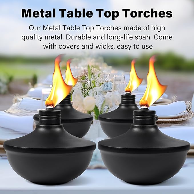 4-Pack Upgraded Tabletop Torches, 24 oz Citronella Torch Lights, Refillable Torch with Wicks, Covers, and Funnel Included - Ideal for Garden, Patio, Deck, Yard, Party, Landscape