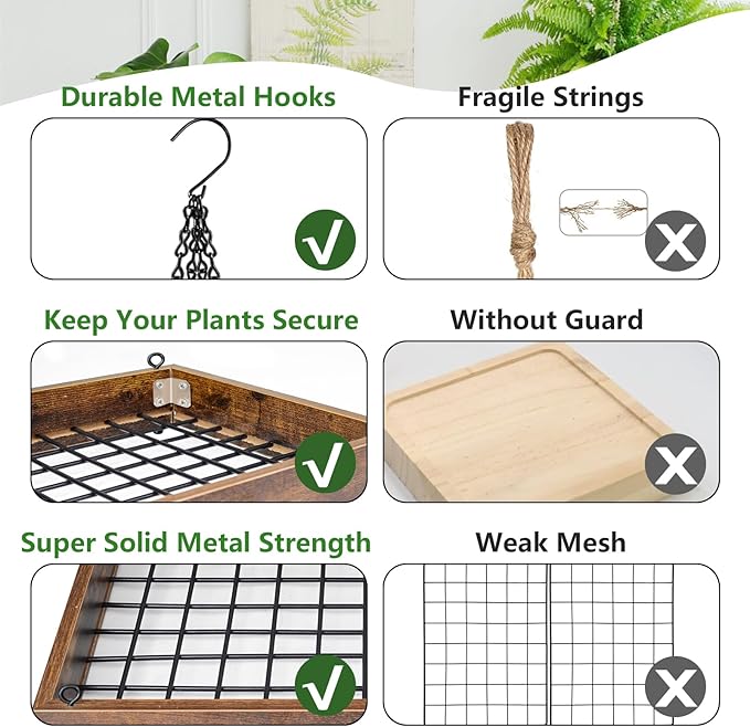 Plant Hanger Indoor Outdoor, 16" Large Hanging Planters for Indoor Plants Hanging Plant Holder Wood Metal Hanging Plant Shelf Large Hanging Baskets for Plants Outdoor Window Ceiling