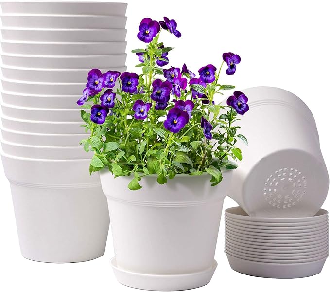Homenote Pots for Plants, 15 Pack 6 Inch Plastic Planters with Multiple Drainage Holes and Trays,Plant Pots for All Home Garden Flowers Succulents (White)