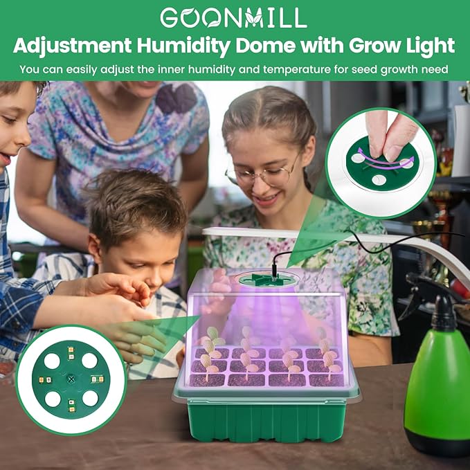 GOONMMILL Seed Starter Tray with Timed Grow Light, 5 Packs Plant Starter Tray Seedling Starter Kit with Humidity Domes Base Indoor Greenhouse Mini Propagator Station for Seeds Growing Starting