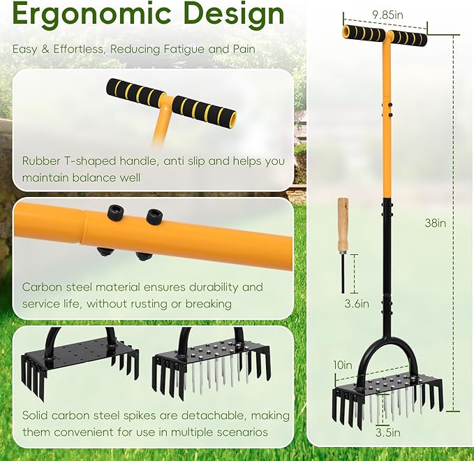 2-in-1 Lawn Aerator Tool, Multifunctional Carbon Steel Aeration Tool for Lawn , Manual Lawn Air Aerator Tool with 24 Spikes, Grass Aerator for Lawn for Compacted Soil, Garden Tool Lawn Core Aerator