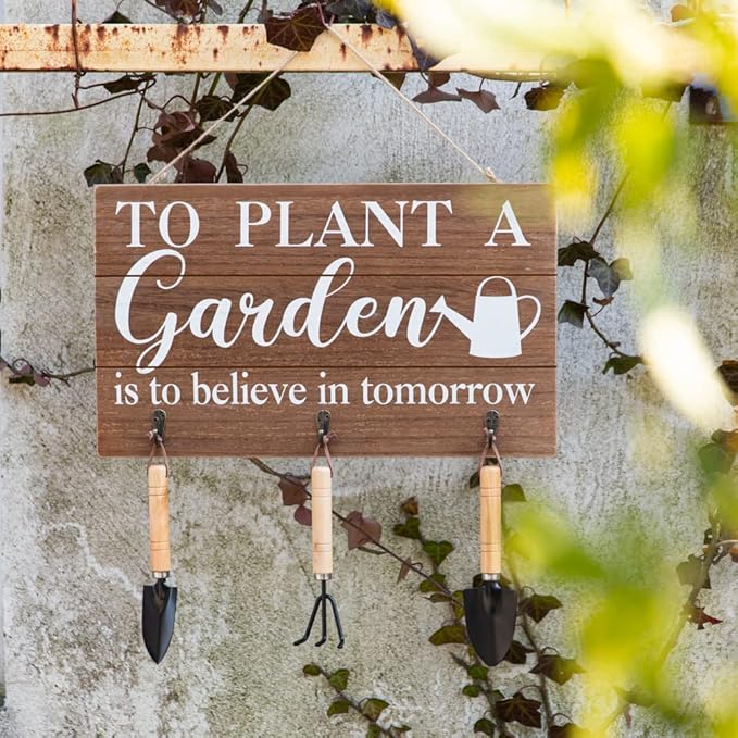 COLLECTIVE HOME - Garden Decor with Tools, Inspirational Wood Hanging Signs, Garden Tools Set - 3 Piece, Out Door Decor with Hooks, to Plant a Garden is to Believe in Tomorrow, 15.75"x9.5" (Wood)