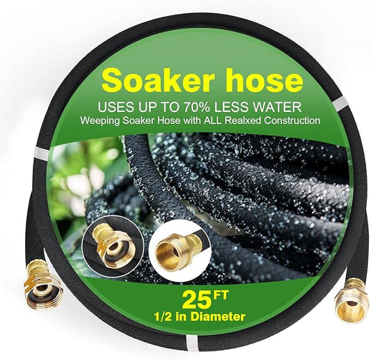 Soaker Hose with Solid Brass Connectors 25 FT for Garden Beds 1/2 Inch Rubber Longer Lasting Drip Irrigation Save 70% of Water Great for Lawn and Yard
