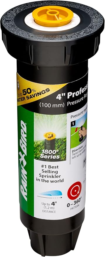 Rain Bird 1804AP4PRS Pressure Regulating (PRS) Professional Pop-Up Sprinkler, Adjustable 0 - 360° Pattern, 3' - 4' Spray Distance, 4" Pop-up Height, Black