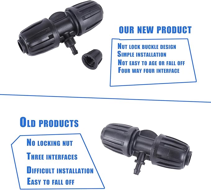 Locked Barbed Tee Connectors,1/2 Inch to 1/4 Inch Irrigation Tubing Fittings Kit for (1/2'' ID x 0.60''-0.63'' OD) 16mm Drip Tubing (10 Pcs Barbed Tee 3-Way)