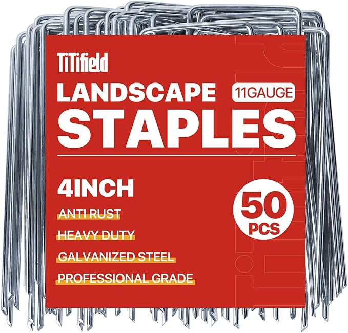 Landscape Staples 4 Inch 50 Pack 12 Gauge, Garden Staples Galvanized Ground Stakes Anti-Rust Landscape Fabric Staples Garden Stakes for Irrigation Tubing, Fence, Weed Barrier, Ground Cover