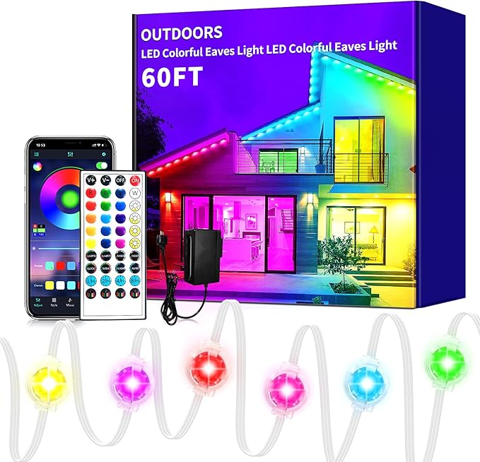 Permanent Outdoor Light,60ft RGB Eave Lights with App Control Remote,IP67 Waterproof LED Lights,Music Sync Outside Light for House,Halloween,Roof,Garden,Christmas Decorations