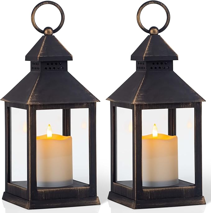 Vintage Golden Brushed Black Lantern Decorative LED Flickering Flameless Candle with Timer, Battery Powered LED Decorative Hanging Lanterns for Indoor Outdoor Garden Yard Home Decor(2 Pack)