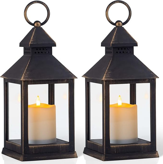 Vintage Golden Brushed Black Lantern Decorative LED Flickering Flameless Candle with Timer, Battery Powered LED Decorative Hanging Lanterns for Indoor Outdoor Garden Yard Home Decor(2 Pack)