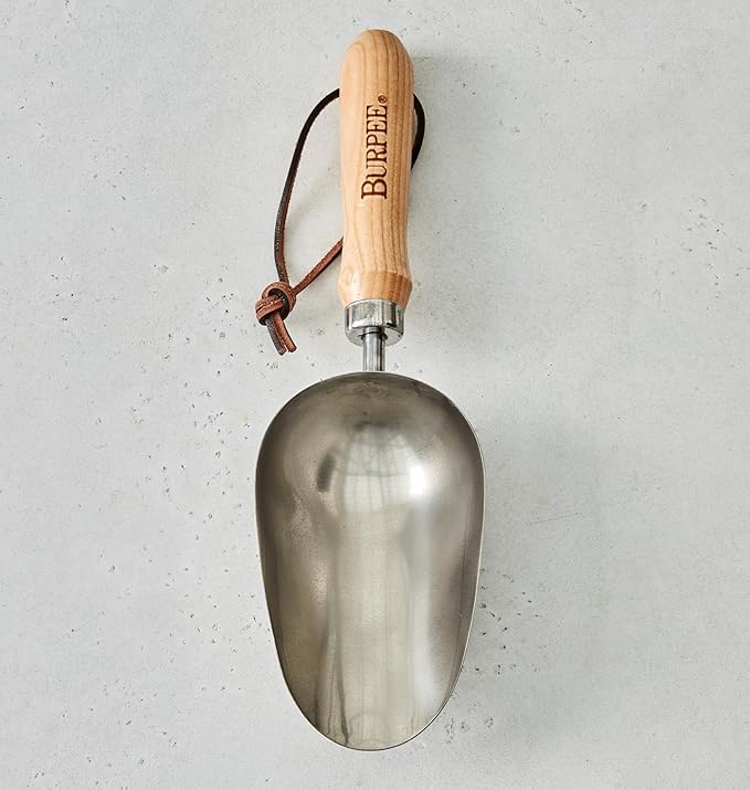 Burpee 15" Stainless Steel Soil Scoop | Durable Long Lasting Garden Tool | Leather Wrist Strap 5" Handle, Oak