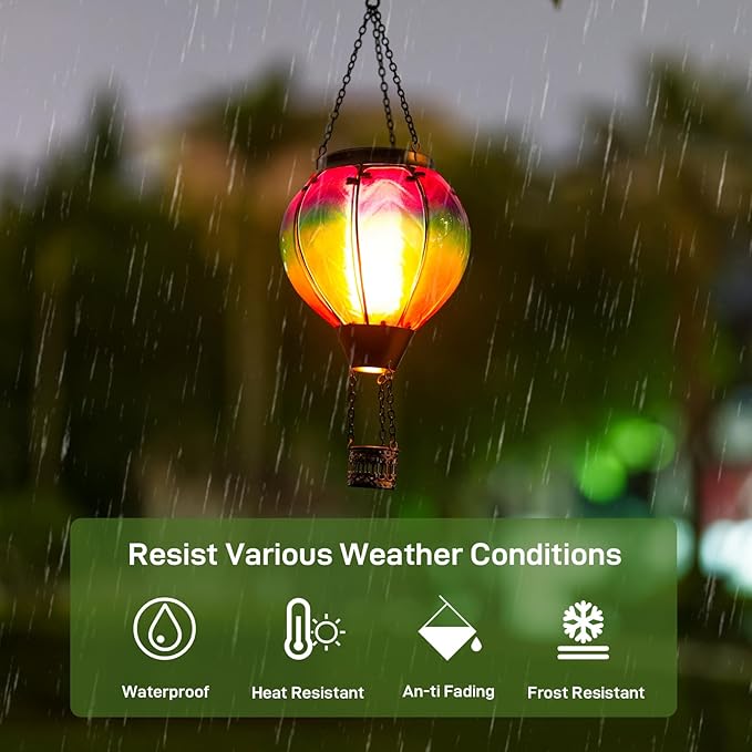 Solar Hot Air Balloon Lantern with Flame, Hanging Glass Hot Air Balloon Solar Lantern Waterproof, Decorative Outdoor Hot Air Balloon Solar Light for Outside Garden Patio (Purple Gradient)