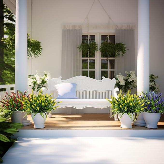 Artificial Flowers for Outdoor Plants 24 Bundles Fake Lavender Plastic Faux Monkey Grass for Verandah Window Garden Office Patio Front Porch UV Resistant for Planter(Yellow)