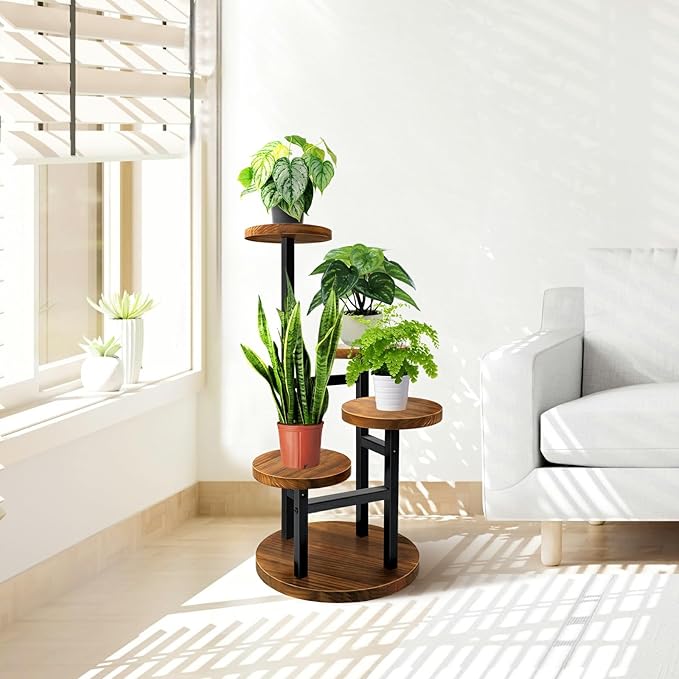 AUGOSTA 4 Tier Corner Plant Stand, Tall Metal Wood Plant Shelf Holder for Indoor, Outdoor Display Rack Flower Pot Stand for Living Room Balcony Garden Patio
