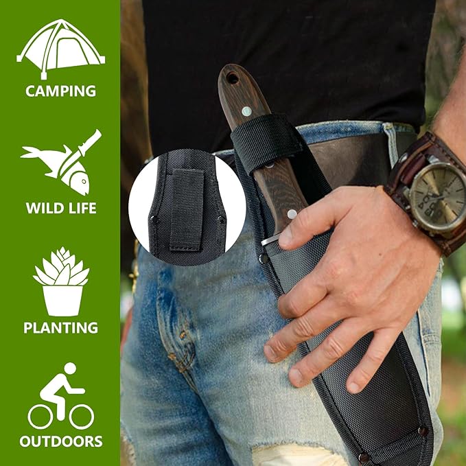 Hori Hori Garden Knife + Oxford Sheath, Gardening Hand Tool Weeding Knife for Weeding Planting Digging, Inch Markings, Serrated Edge Blade, Guard Plate, Metal Rivet Wooden Handle, Hanging Hole