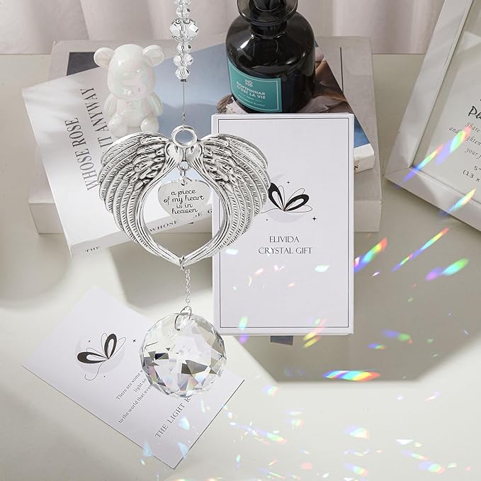 Sympathy Gift Modern Grief Gift for Lose of Loved Ones, Memorial Suncatcher with 40mm Crystal Ball, Sorry for Your Lose Rainbow Maker, Bereavement Gift Idea Angel Wings Design, Clear