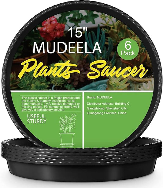 MUDEELA 6 Pack of 15 inch Plant Saucer, Durable Plastic Plant Trays for Indoors, Black Plastic Flower Plant Pot Saucer, Made of Thicker, Stronger Plastic, with Taller Design