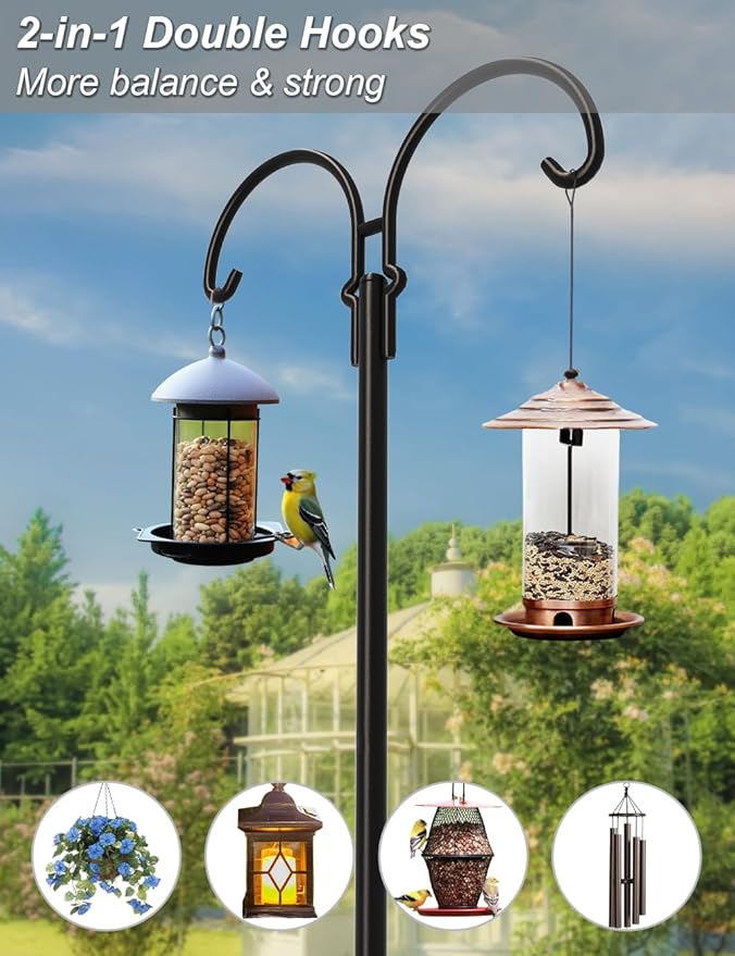 Outdoor Double Shepherds Hook with 5 Prong Base, 92 Inch Adjustable Heavy Duty Two Sided Bird Feeder Pole Stand for Hanging Plant Baskets, Solar Light Lanterns, Hummingbird Feeder, 2 Pack