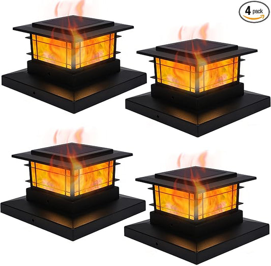 Dynaming 4 Pack Solar Flame Post Lights Outdoor, Solar Powered Fence Post Cap Lights, High Brightness Flickering Flame SMD LED Lighting Decor for Garden Deck Patio, 4x4, 5x5 or 6x6 Vinyl/Wooden Posts