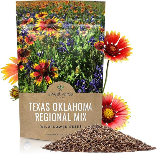 Texas Oklahoma Wildflower Seeds Mixture - Bulk 1/4 Pound Bag - Over 60,000 Native Seeds - Open Pollinated and Non GMO