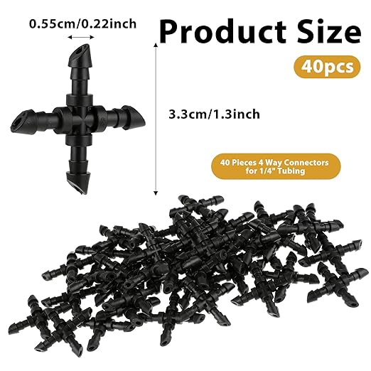 1/4 Inch Drip Irrigation Cross Fittings, 40 Pieces 1/4 Barbed Connector Drip Line Connectors 4-Way Drip Irrigation Parts Couplings for Garden Lawn Sprinkler 1/4 Inch Drip Irrigation Tubing Systems