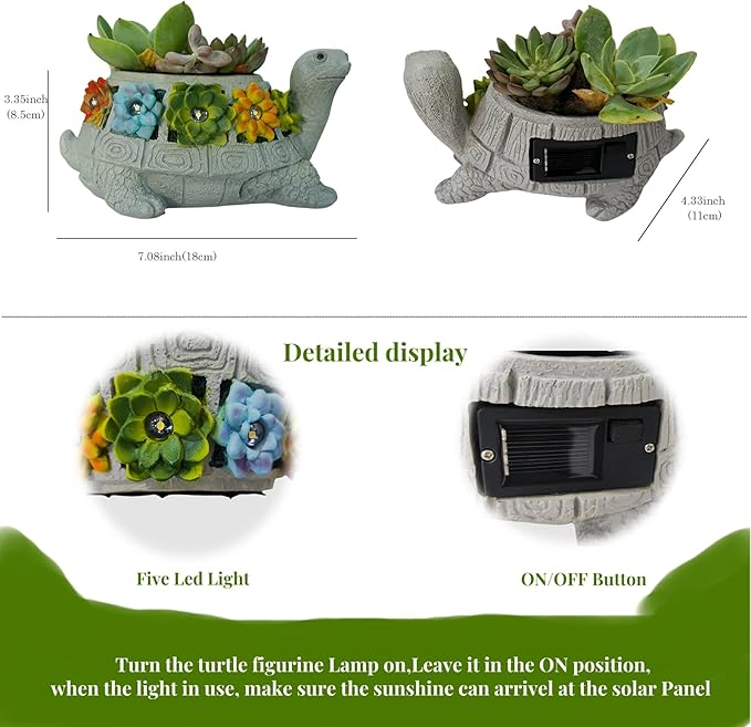 GUCHO Solar Garden Outdoor Statues Turtle with 5 Led Lights (Not Include Real Succulent),Lawn Decor Tortoise Statue for Patio, Balcony,Yard,Garden Decorations,Unique Gifts for Women Men